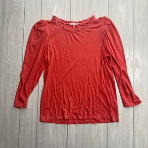 Sundry Coral Red Ruffle Puffed Shoulder Long Sleeve Pima Cotton Top Size Medium